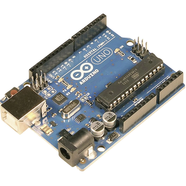 Arduino Uno Platine mit Mikrocontroller, Pins und Anschlüssen für elektronische Projekte.